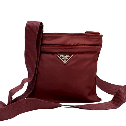 PRADA Shoulder Bag Nylon wine-red Triangle logo Metal Women Used Authentic