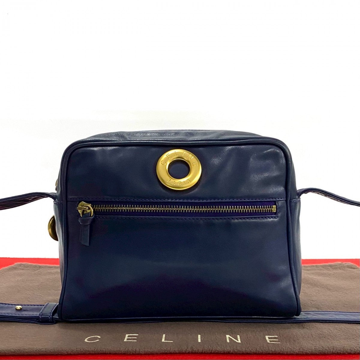 CELINE Shoulder Bag leather Navy Circle logo Metal Women Used Authentic