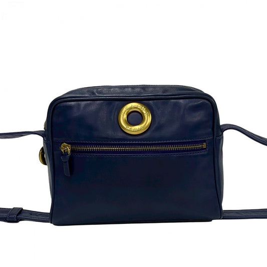 CELINE Shoulder Bag leather Navy Circle logo Metal Women Used Authentic