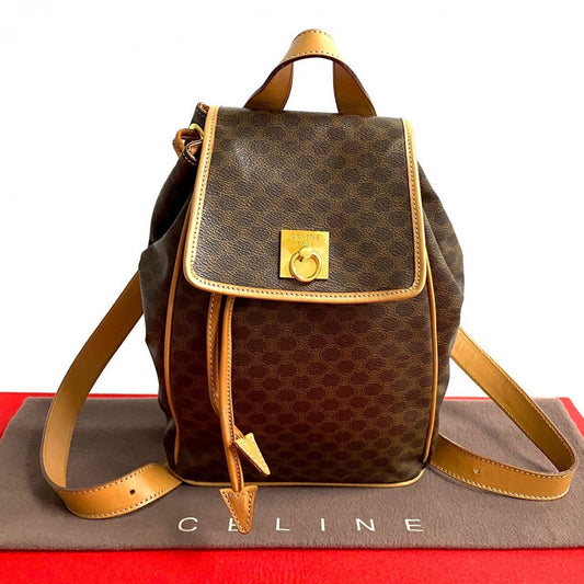 CELINE Backpack Leather, PVC Brown RingMetal logo Macadam Blason TriomphePattern Women Used Authentic