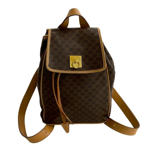 CELINE Backpack Leather, PVC Brown RingMetal logo Macadam Blason TriomphePattern Women Used Authentic