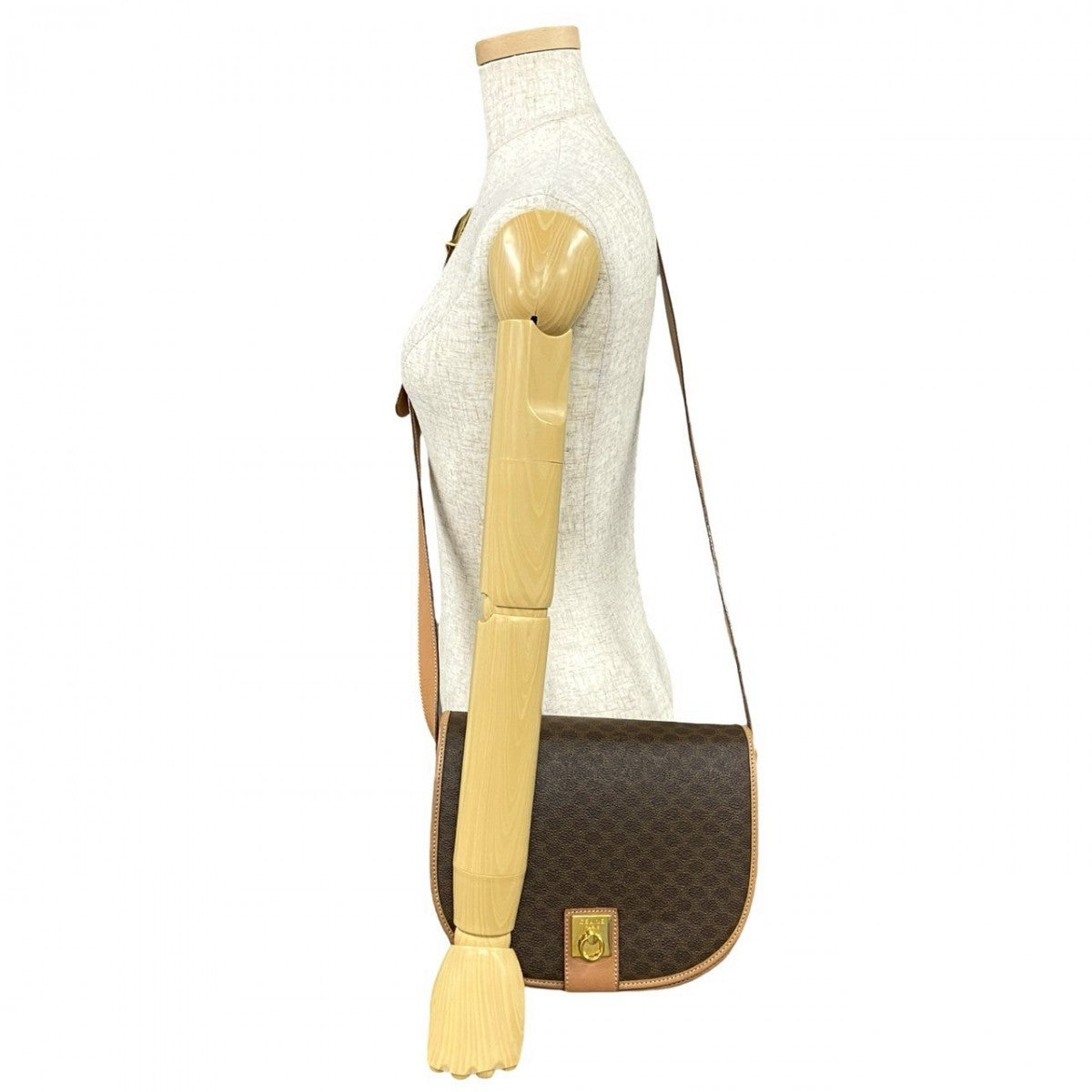 CELINE Shoulder Bag Leather, PVC Brown RingMetal logo Macadam Blason TriomphePattern Women Used Authentic