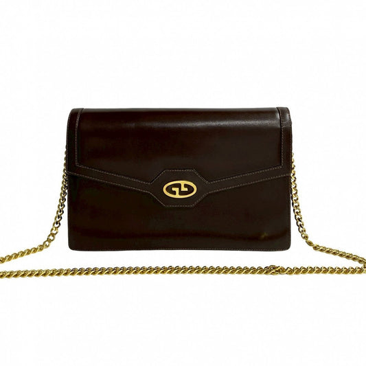 GUCCI Shoulder Bag Calfskin, Leather Brown GG logo Metal Women Used Authentic
