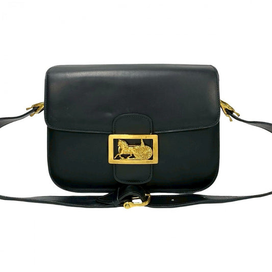 CELINE Shoulder Bag Calfskin, Leather black logo carriage Metal Women Used Authentic