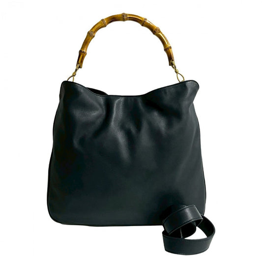GUCCI Shoulder Bag leather Navy Bamboo