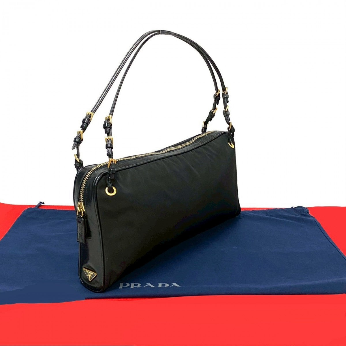 PRADA Handbag Leather, Nylon black PRADA logo Metal Women Used Authentic