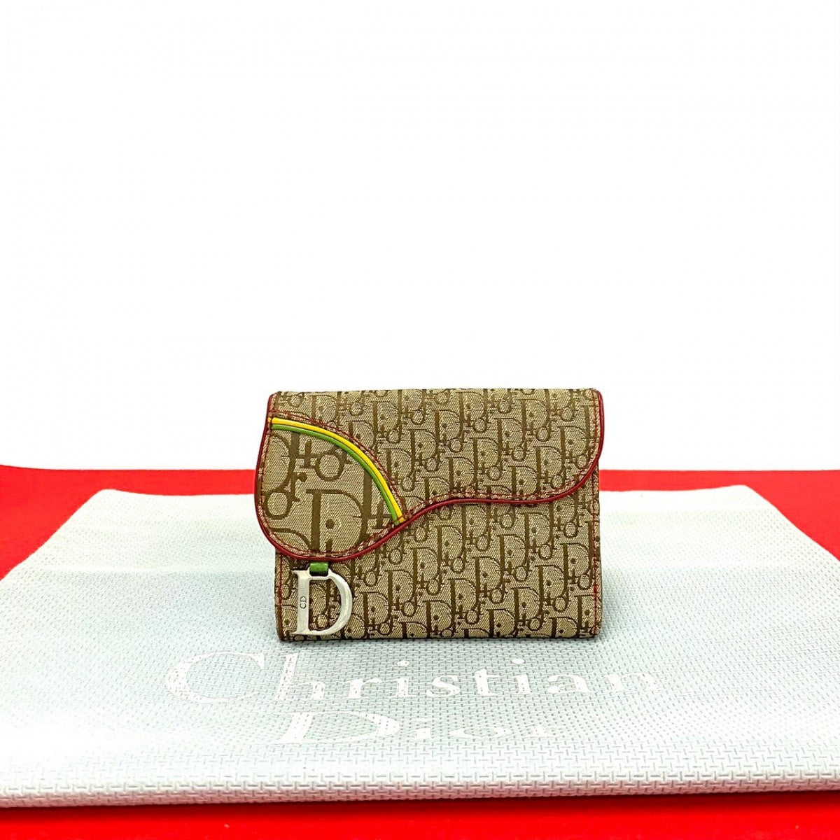Dior Bifold Wallet Canvas, Leather Brown Trotter Pattern logo Metal saddle Women Used Authentic