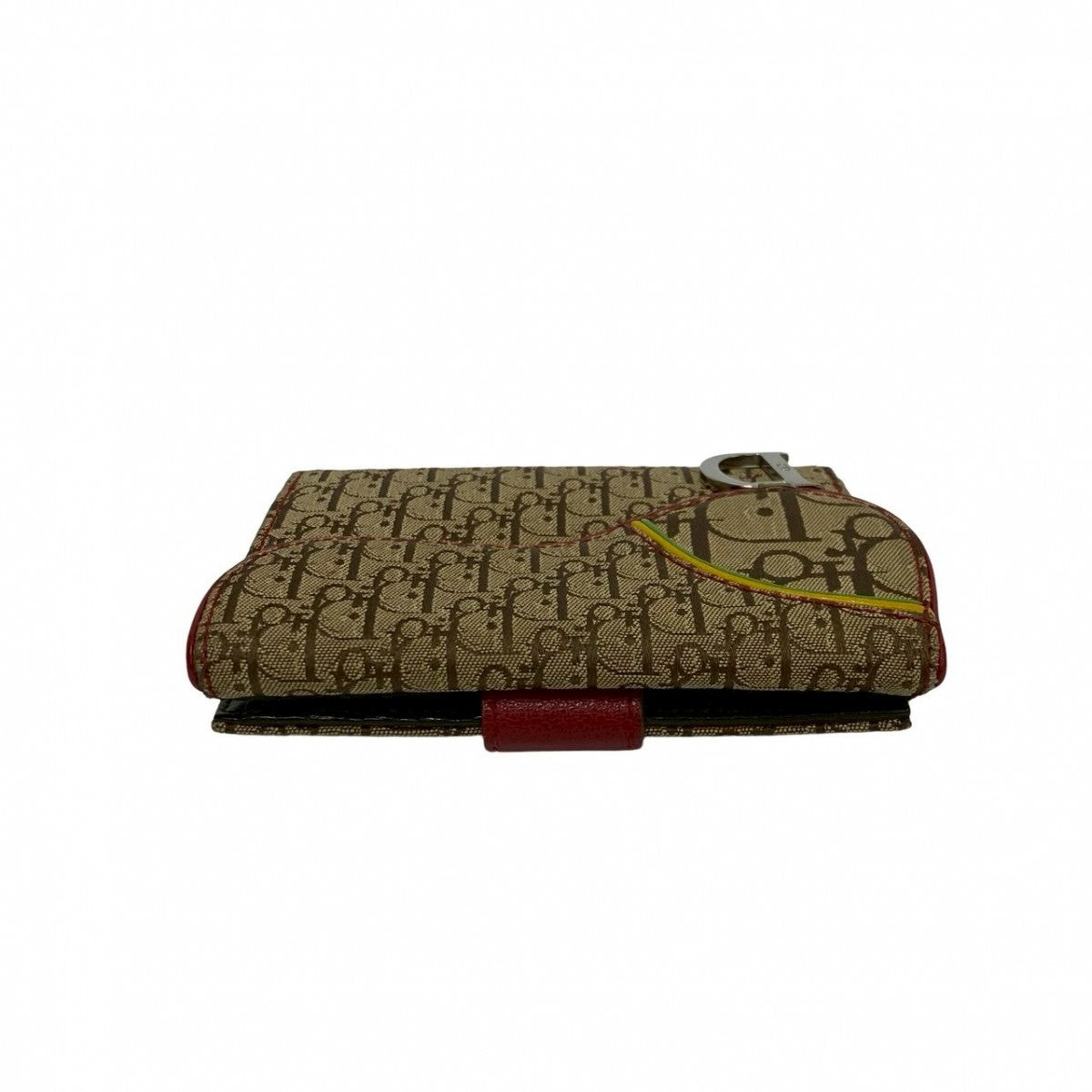 Dior Bifold Wallet Canvas, Leather Brown Trotter Pattern logo Metal saddle Women Used Authentic