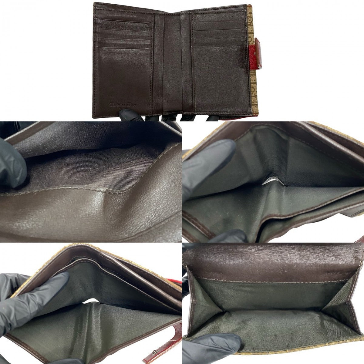 Dior Bifold Wallet Canvas, Leather Brown Trotter Pattern logo Metal saddle Women Used Authentic