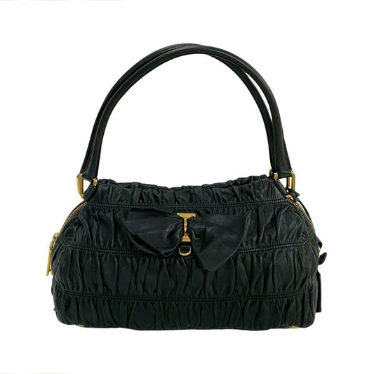 PRADA Handbag leather black PRADA logo Women Used Authentic