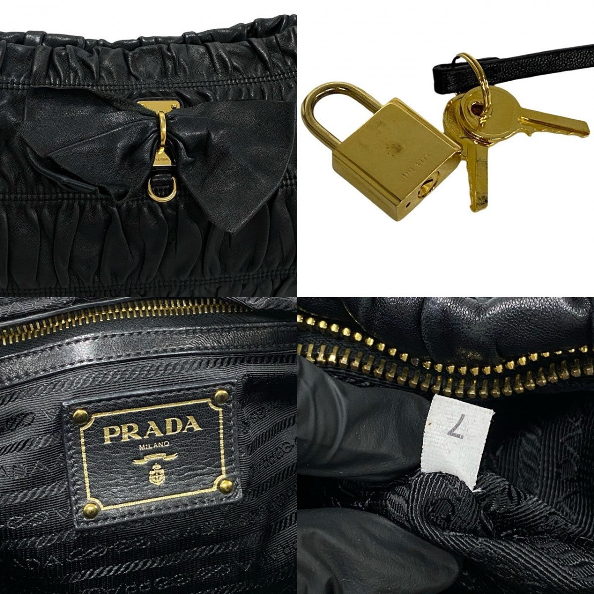 PRADA Handbag leather black PRADA logo Women Used Authentic