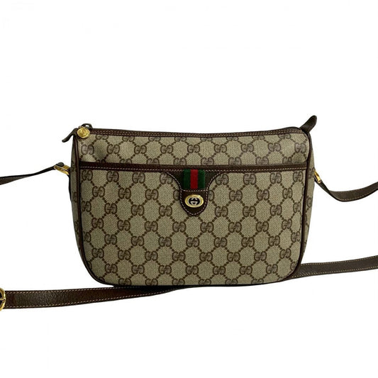 GUCCI Shoulder Bag leather Brown GG logo Metal Sherry line Women Used Authentic