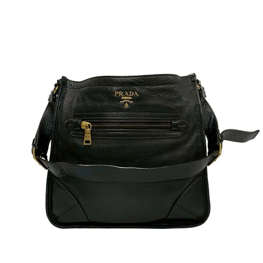 PRADA Shoulder Bag leather black Triangle Logo Metal mens Used Authentic