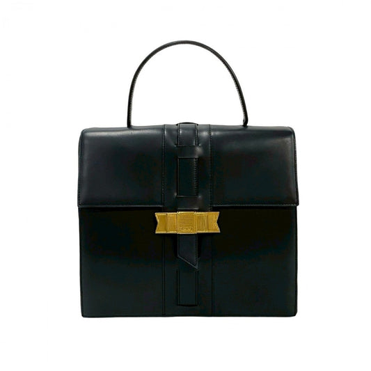 CELINE Handbag leather black logo ribbon Metal Women Used Authentic