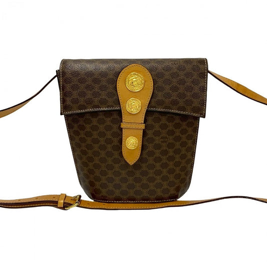 CELINE Shoulder Bag Leather, PVC Brown Macadam Blason Triomphe Pattern Medal Coin Motif Metal Women Used Authentic