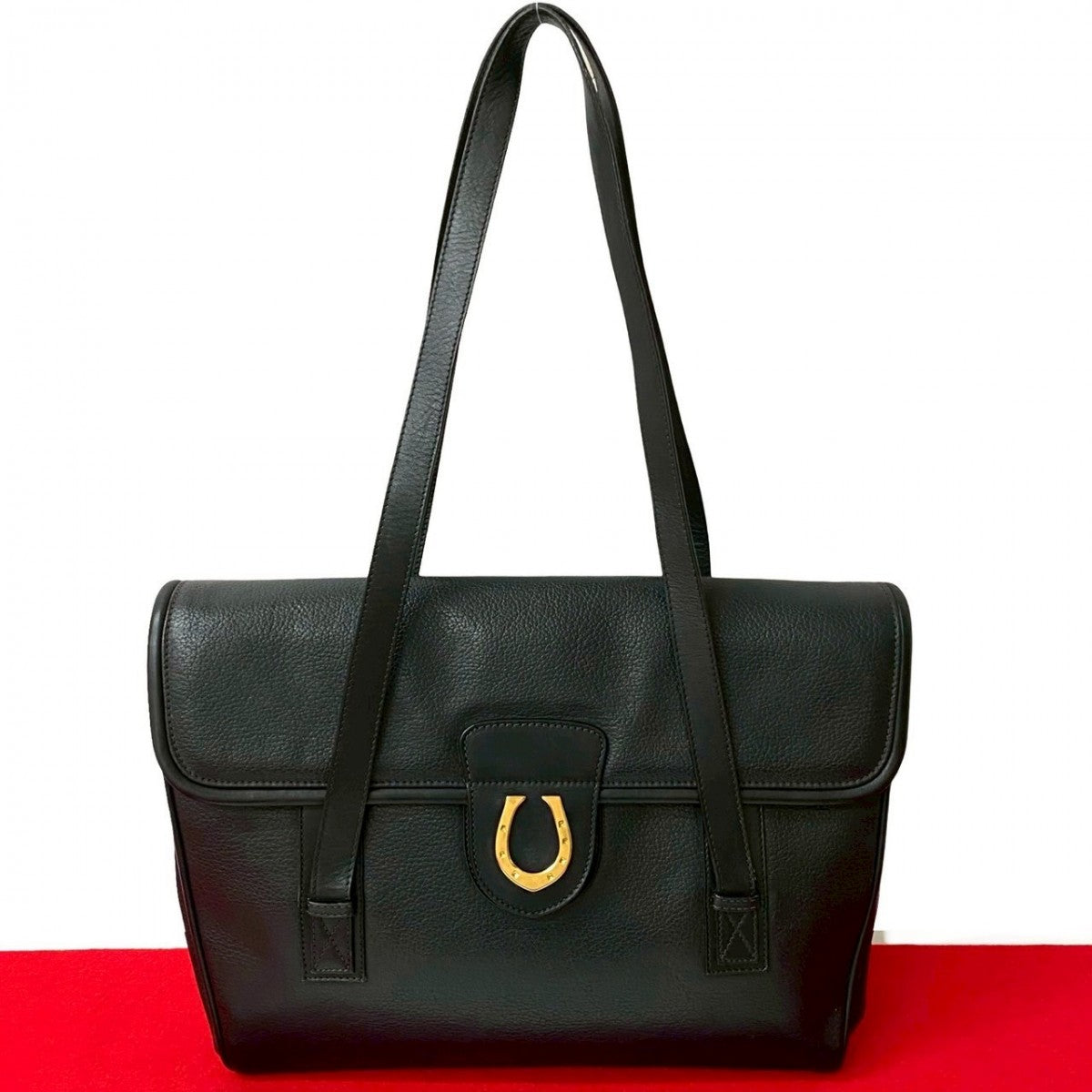 GUCCI Tote Bag leather black Horseshoe Metal Women Used Authentic