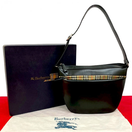 BURBERRY Shoulder Bag Calfskin, Leather black Novacheck logo Women Used Authentic