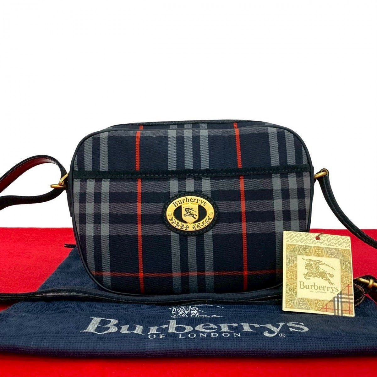 BURBERRY Shoulder Bag Leather, Canvas Navy Shadow Horse logo Metal Nova Check Women Used Authentic