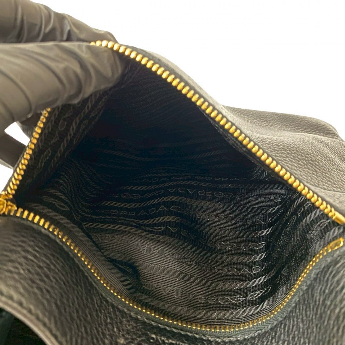 PRADA Shoulder Bag leather black Logo embossing Women Used Authentic