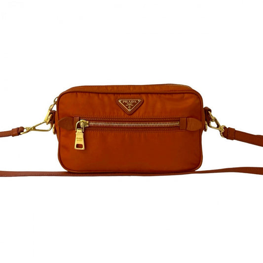 PRADA Shoulder Bag Nylon, Leather Orange Triangle Logo Metal Women Used Authentic