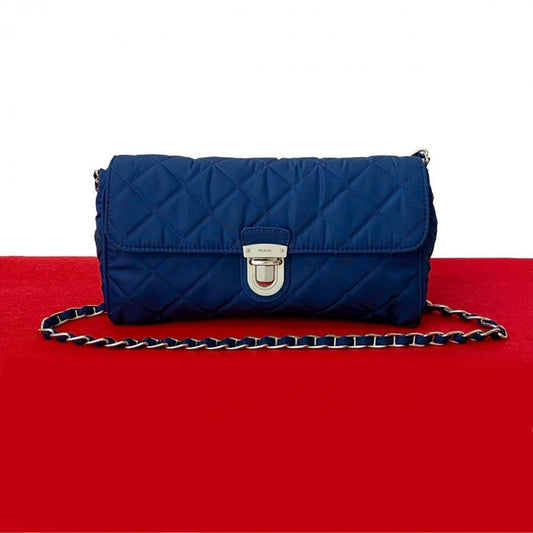 PRADA Shoulder Bag Nylon, Leather blue logo Metal Women Used Authentic