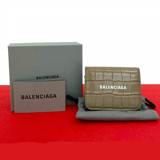 BALENCIAGA Tri-fold wallet leather beige Balenciaga logo embossed Women Used Authentic