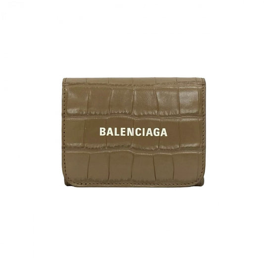 BALENCIAGA Tri-fold wallet leather beige Balenciaga logo embossed Women Used Authentic