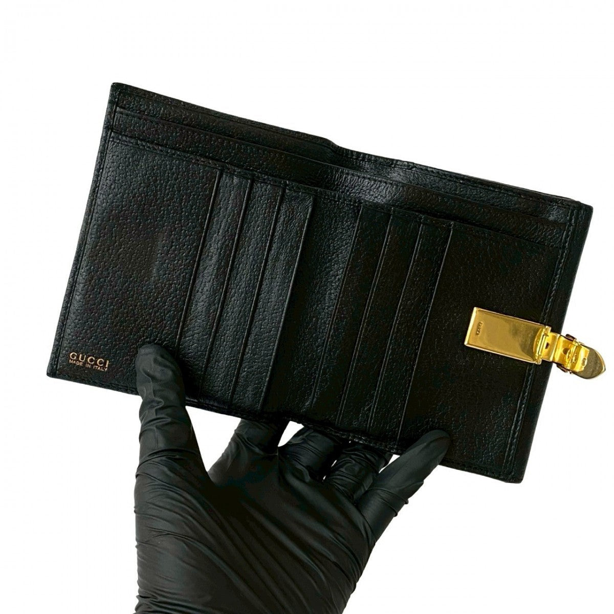 GUCCI Bifold Wallet leather black Belt motif Metal Women(Unisex) Used Authentic