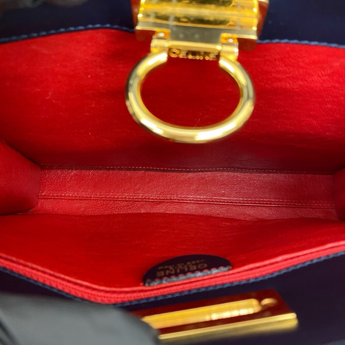 CELINE Handbag leather Navy Double Face Gancini Metal Women Used Authentic