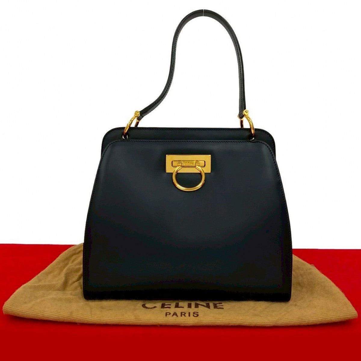 CELINE Handbag leather Navy Double Face Gancini Metal Women Used Authentic