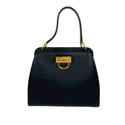 CELINE Handbag leather Navy Double Face Gancini Metal Women Used Authentic