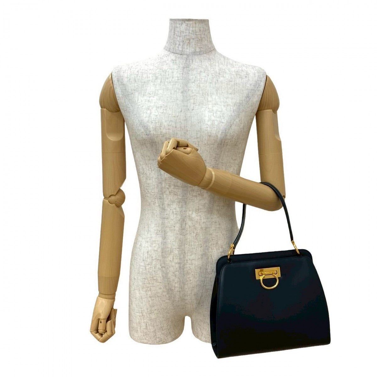 CELINE Handbag leather Navy Double Face Gancini Metal Women Used Authentic