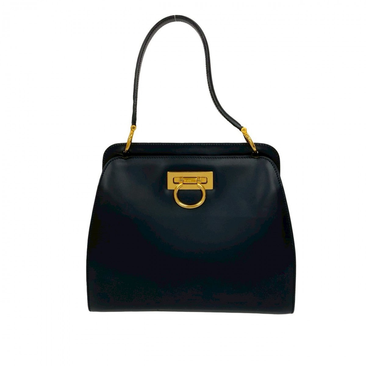 CELINE Handbag leather Navy Double Face Gancini Metal Women Used Authentic