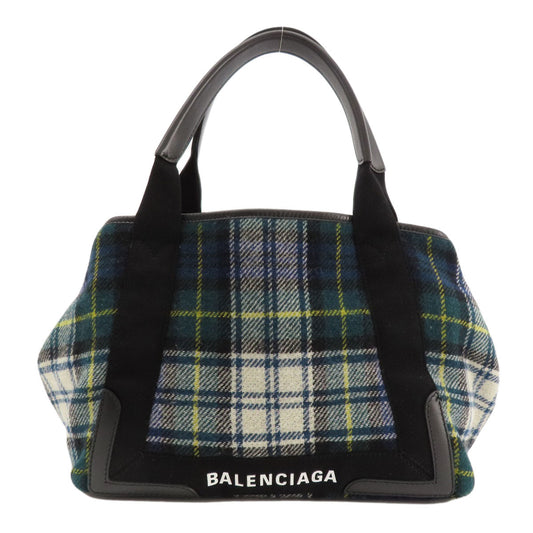 BALENCIAGA Tote Bag 339933 wool green Navy Cabas Check Pattern Women Used Authentic
