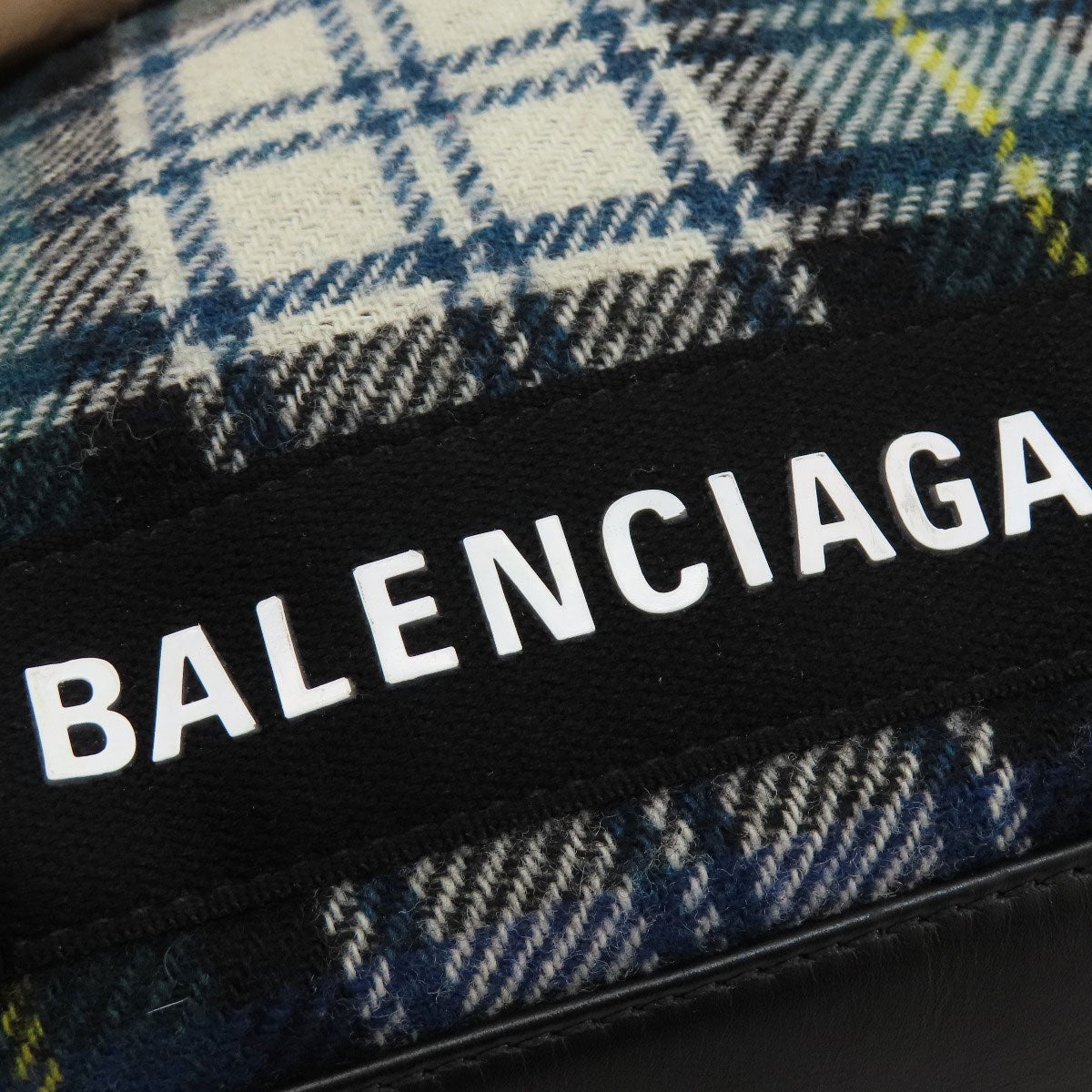 BALENCIAGA Tote Bag 339933 wool green Navy Cabas Check Pattern Women Used Authentic
