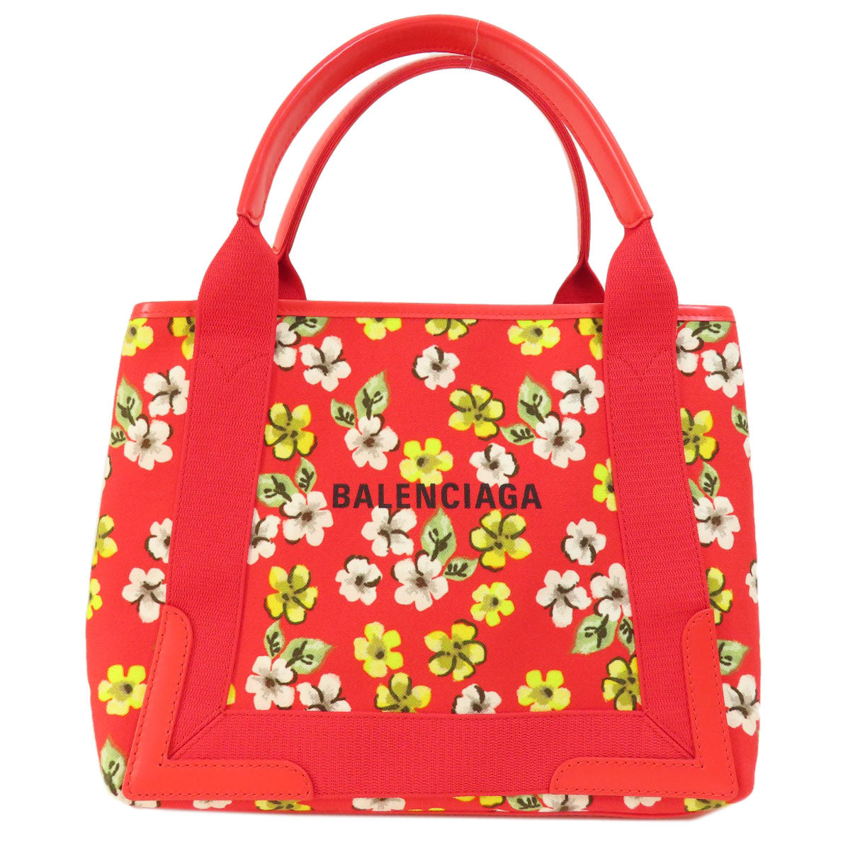 BALENCIAGA Handbag 329933 canvas Red Navy Cabas Flower Motif Women Used Authentic