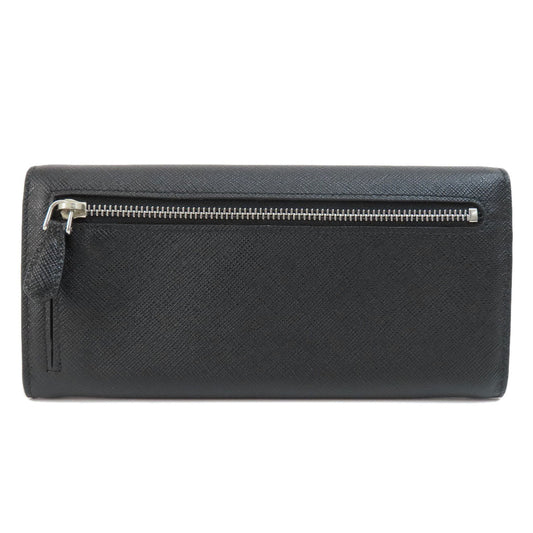 PRADA Long Wallet Purse 1MH132 leather black Saffiano pin badge Women Used Authentic