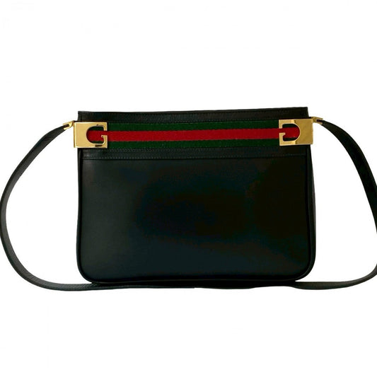 GUCCI Shoulder Bag leather black G logo Metal Sherry line Women Used Authentic