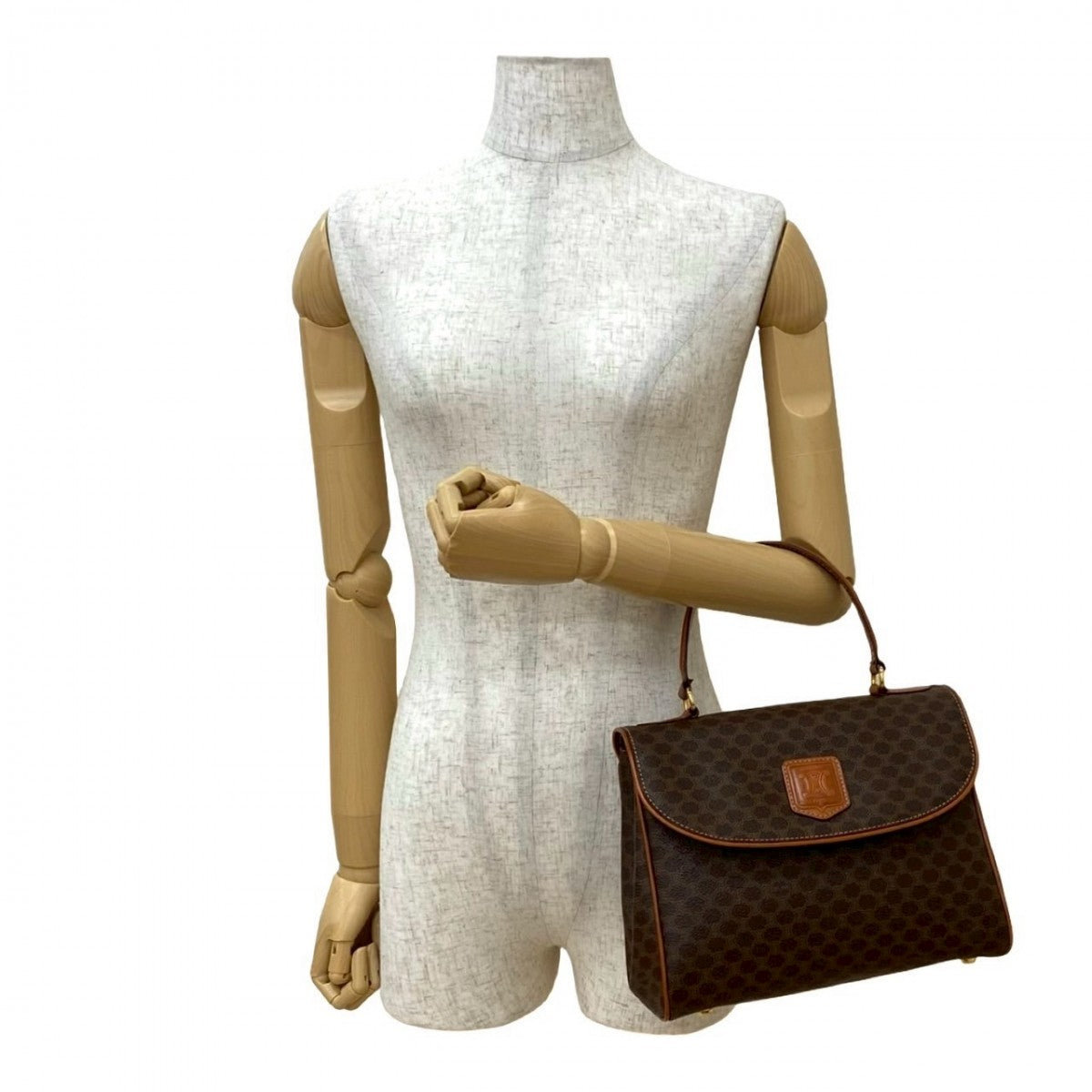 CELINE Handbag Leather, PVC Brown Macadam Blazon Pattern Triomphe logo Women Used Authentic