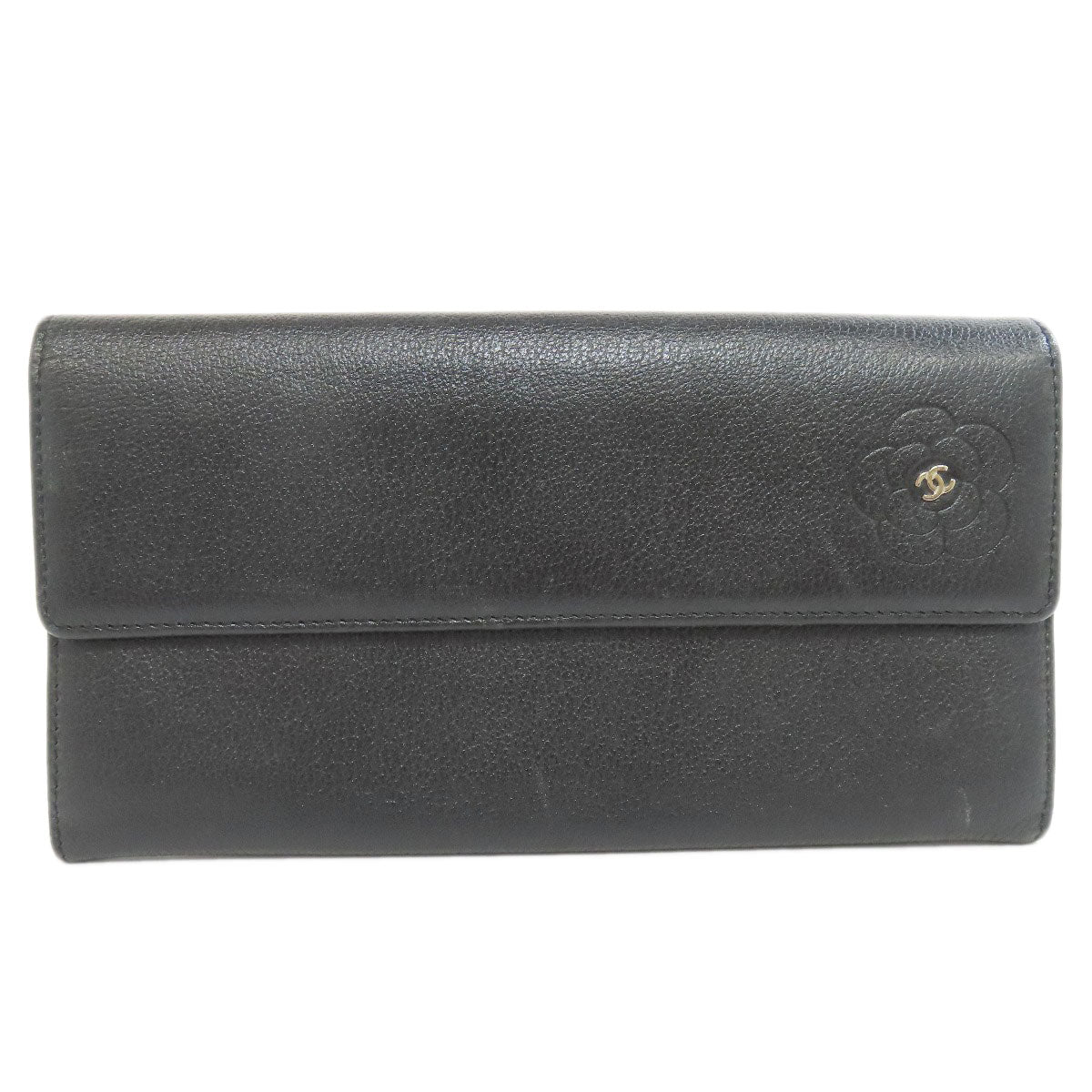 CHANEL Long Wallet Purse Calfskin black Camellia COCO Mark