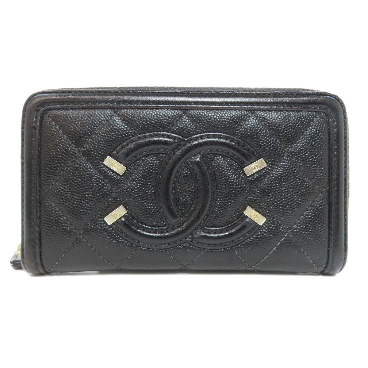 CHANEL Long Wallet Purse Grained Calfskin Skin black Matelasse Gold Metal