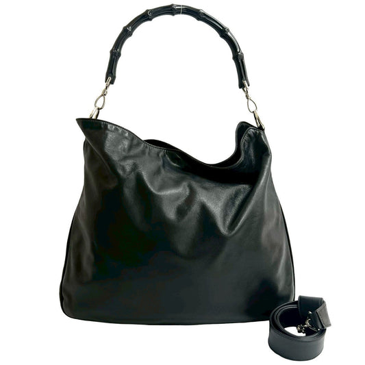 GUCCI Shoulder Bag leather black Bamboo