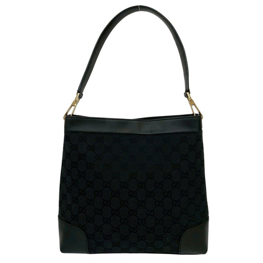 GUCCI Shoulder Bag leather black GG canvas