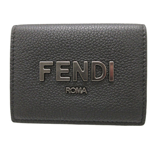 FENDI Tri-fold wallet 7M0280 leather black Compact wallet signature logo mens Used Authentic