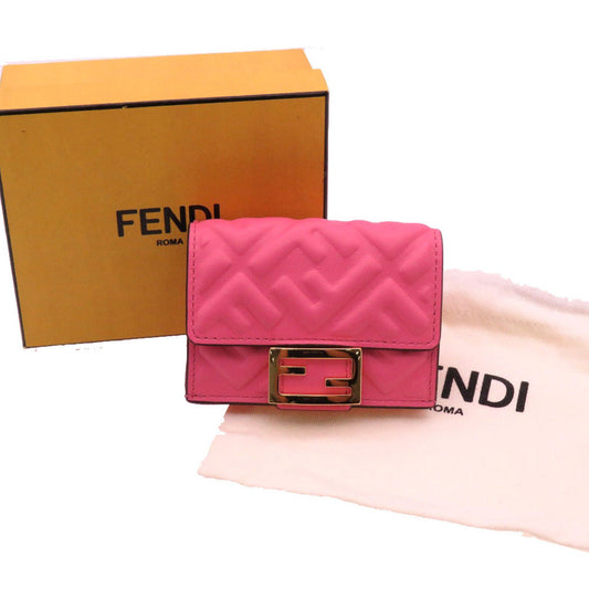 FENDI Tri-fold wallet 8M0395 leather pink Baguette Micro Zucca Women Used Authentic