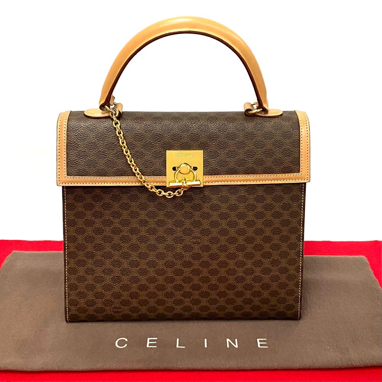 CELINE Handbag Leather, PVC Brown Macadam Blason Triomphe logo ring Metal Women Used Authentic