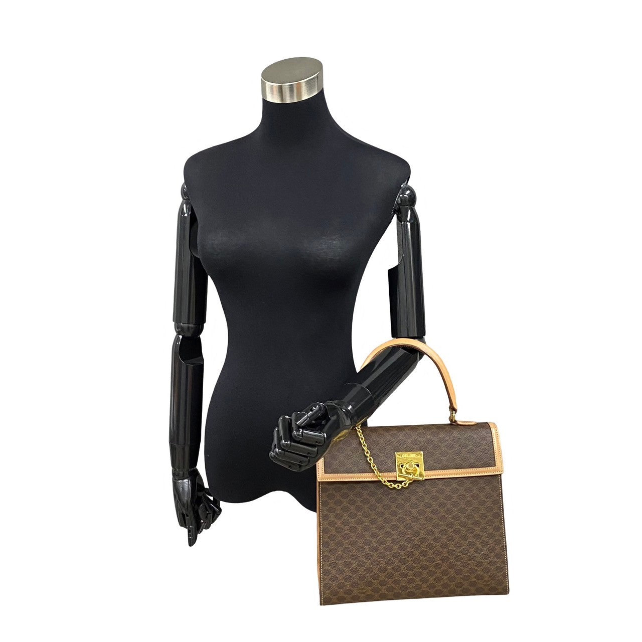 CELINE Handbag Leather, PVC Brown Macadam Blason Triomphe logo ring Metal Women Used Authentic