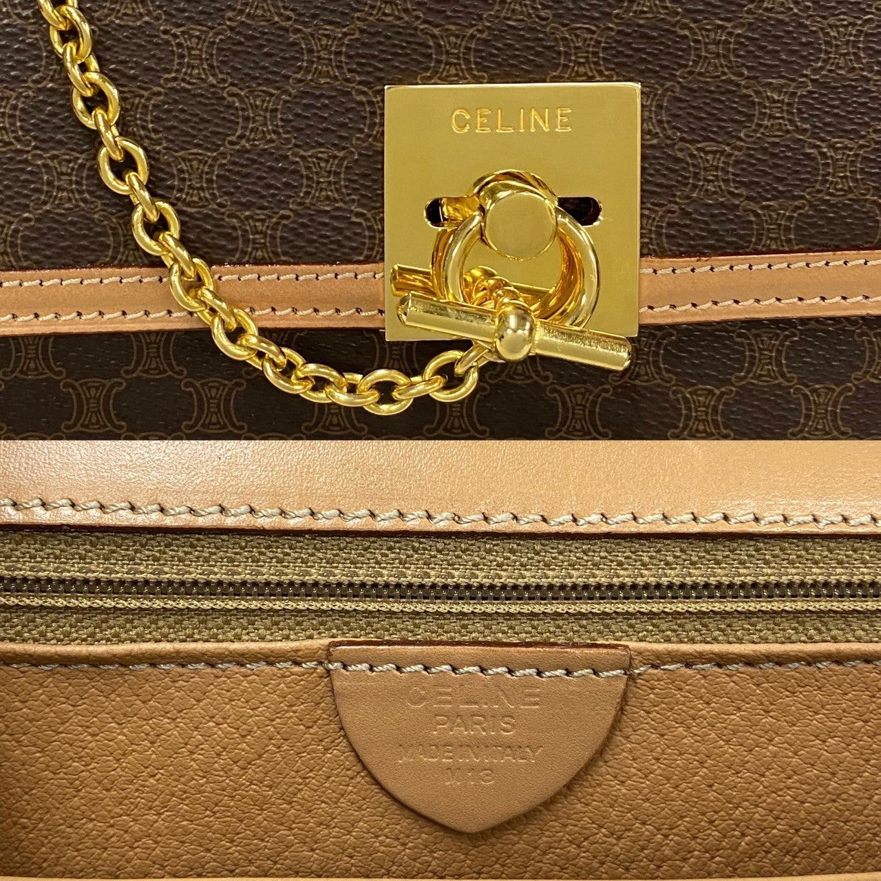 CELINE Handbag Leather, PVC Brown Macadam Blason Triomphe logo ring Metal Women Used Authentic