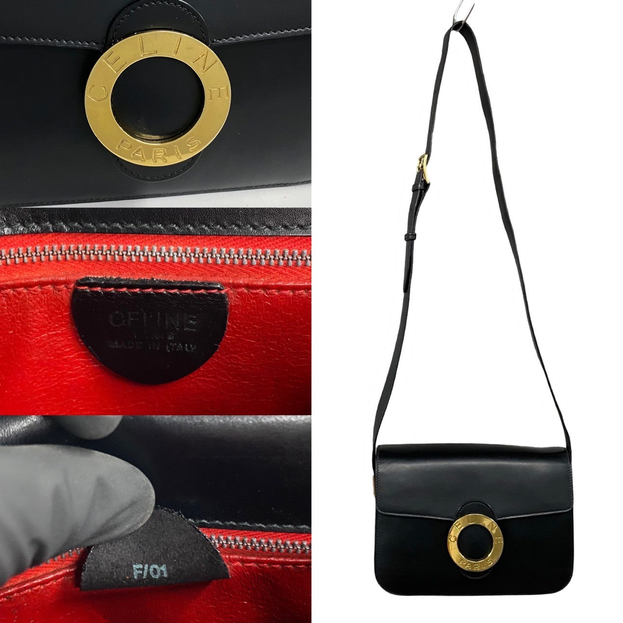 CELINE Shoulder Bag leather black Circle logo Metal Women Used Authentic