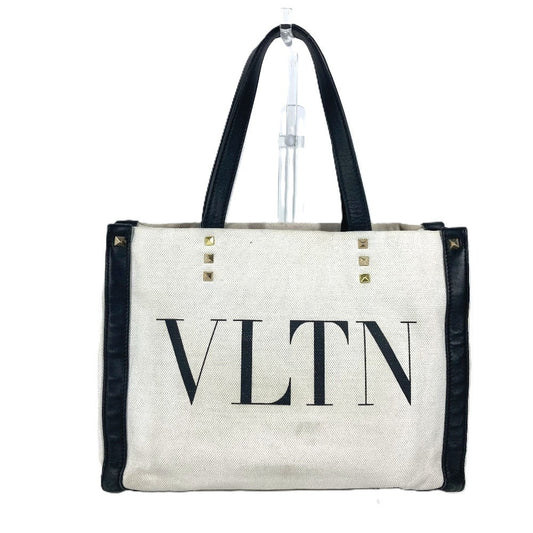 VALENTINO Tote Bag Canvas / leather white logo studs unisex(Unisex) Used Authentic